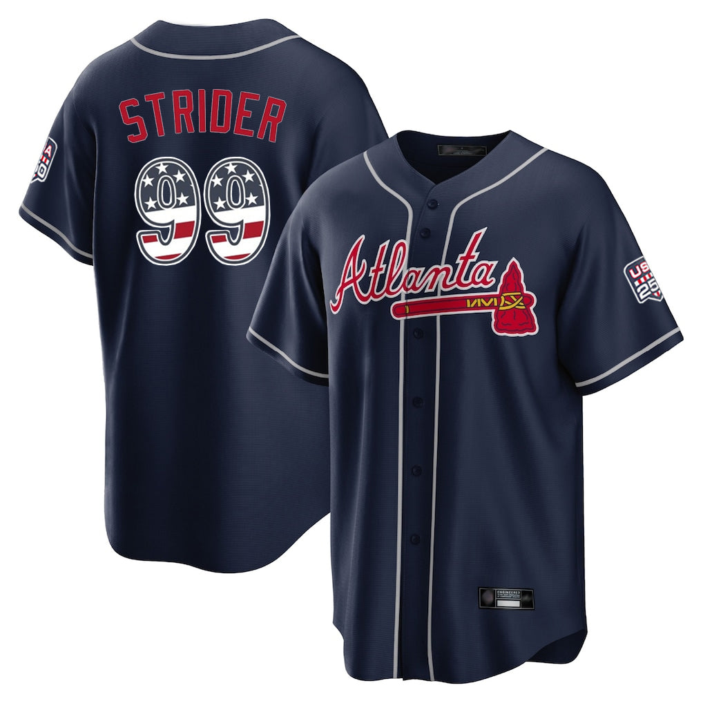 Atlanta Braves #99 Spencer Strider Player Navy HOLBERT USA 250 Fourth Of July Limited Home Game Stitched Jerseys