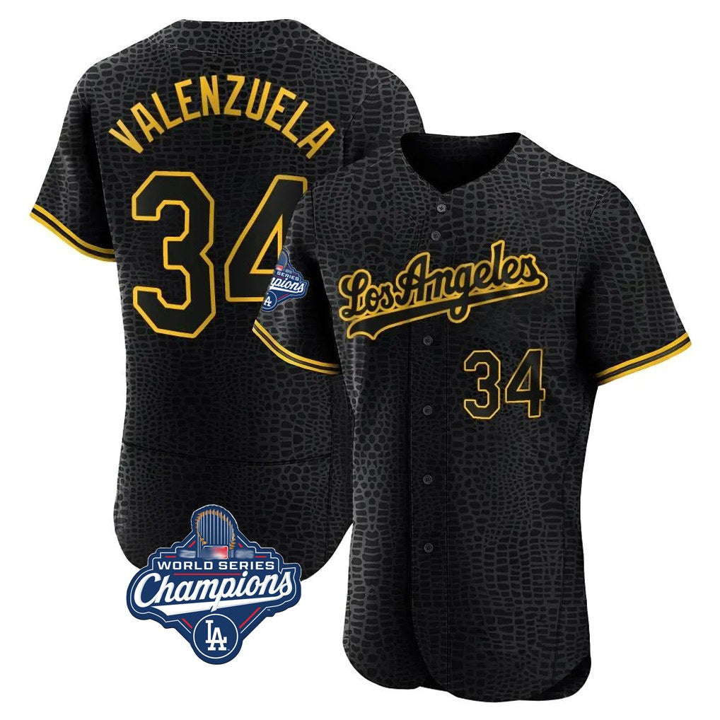 Los Angeles Dodgers #34 Fernando Valenzuela Player Black HOLBERT World Series Meet Snake Skin City Limited Elite Home Stitched Jerseys