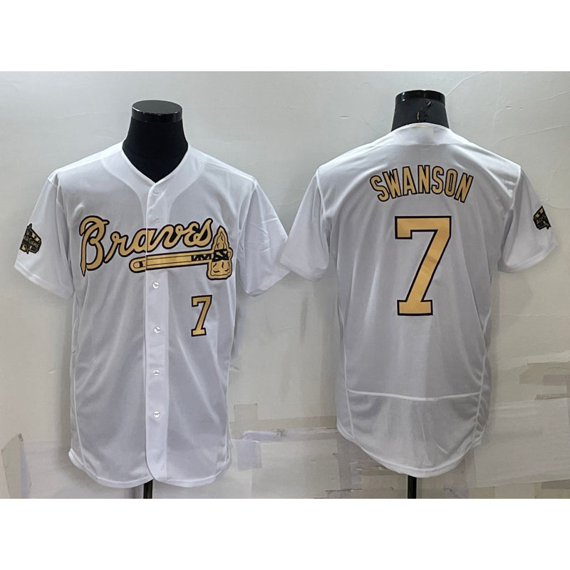 Atlanta Braves #7 Dansby Swanson White HOLBERT Number 2022 All Star Stitched Flex Base Jersey