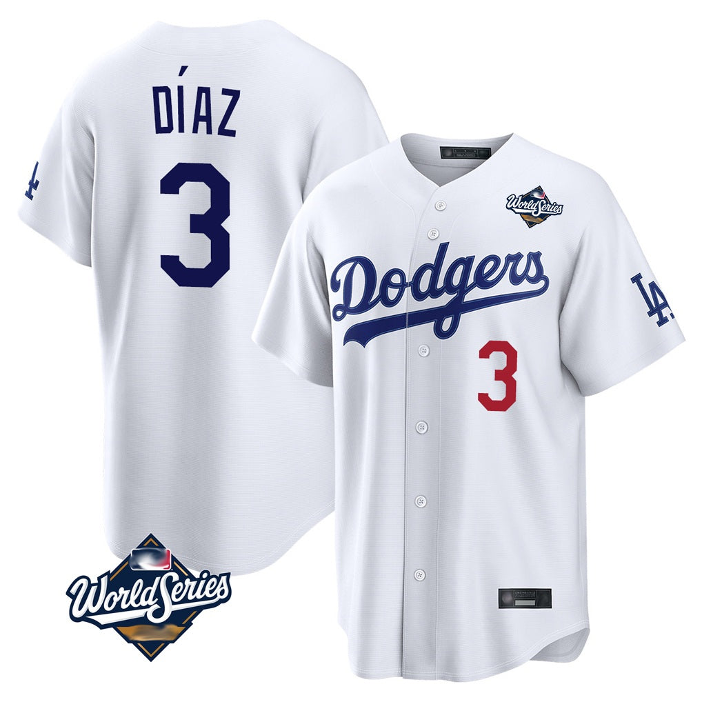 Los Angeles Dodgers #3 Edwin D¨ªaz Player White HOLBERT World Series Home Game Stitched Jerseys