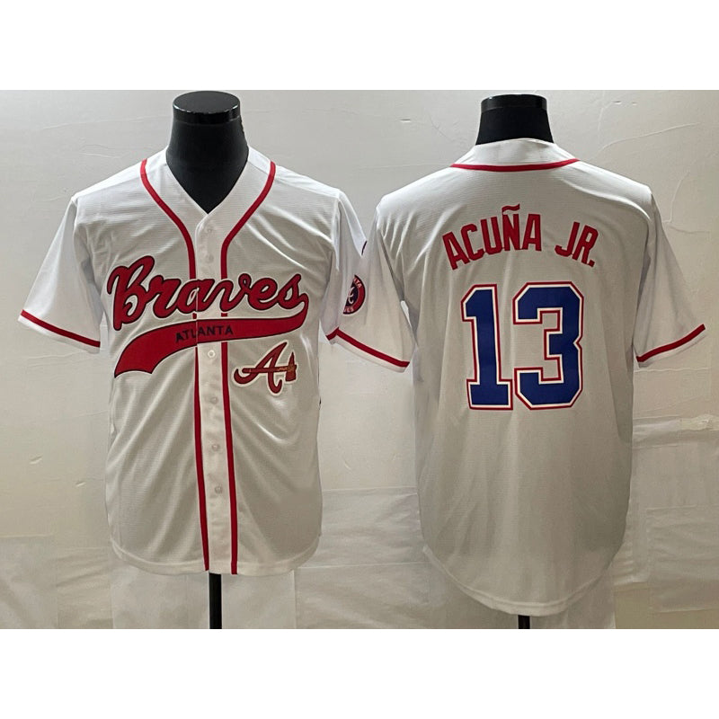 Atlanta Braves #13 Ronald Acuna Jr White HOLBERT Cool Base With Patch Stitched Jersey 2