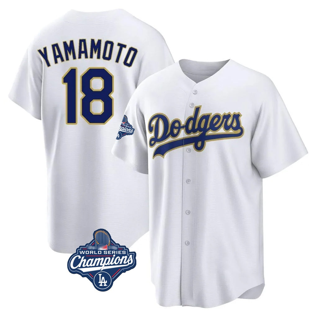 Los Angeles Dodgers #18 Yoshinobu Yamamoto Player Gold White HOLBERT World Series Meet 2026 Collection Stadium Game Stitched Jerseys