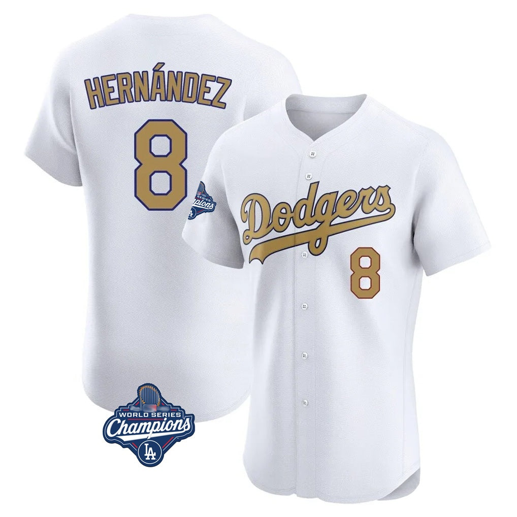 Los Angeles Dodgers #8 Enrique Hern¨¢ndez Player White Gold HOLBERT World Series Meet Limited Elite Home Stitched Jerseys