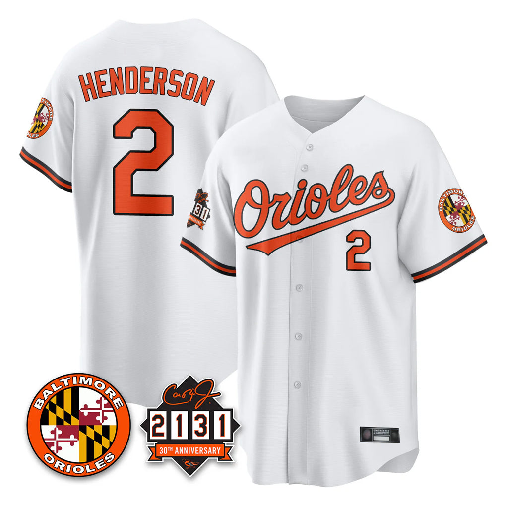 Baltimore Orioles #2 Gunnar Henderson Player White HOLBERT 30th Anniversary of 2131 Home Game Stitched Jerseys