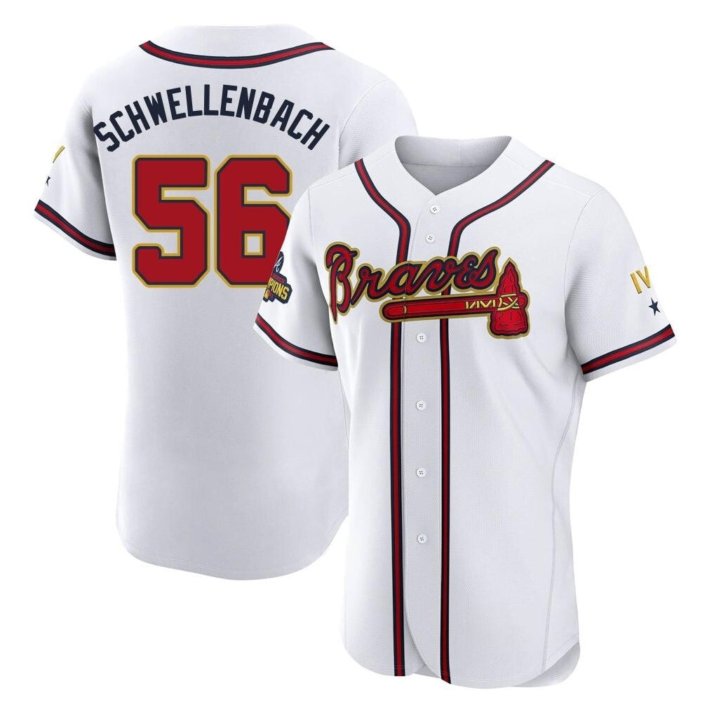 Atlanta Braves #56 Spencer Schwellenbach Player White Gold HOLBERT Limited Elite Home Game Stitched Jerseys