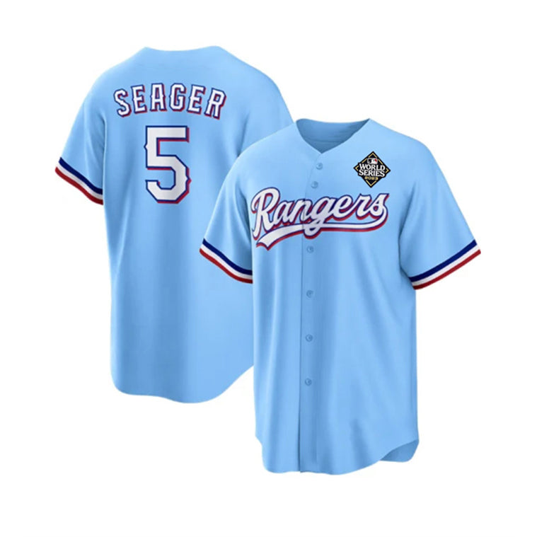 Texas Rangers #5 Corey Seager Blue HOLBERT 2023 World Series Stitched Jersey