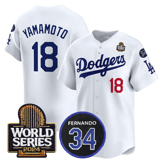 Los Angeles Dodgers #18 Yoshinobu Yamamoto White HOLBERT 2024 World Series With Fernando Memorial Patch Limited Stitched Jersey