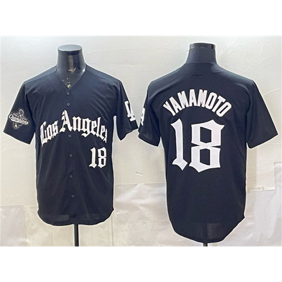 Los Angeles Dodgers #18 Yoshinobu Yamamoto Black HOLBERT LA Gothic Style With 2025 World Series Champions Patch Limited Stitched Jersey