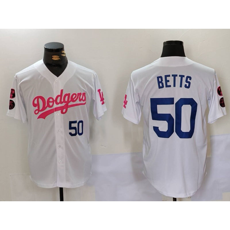 Los Angeles Dodgers #50 Mookie Betts White Pink HOLBERT Vin & Kobe Patch Stitched Jerseys