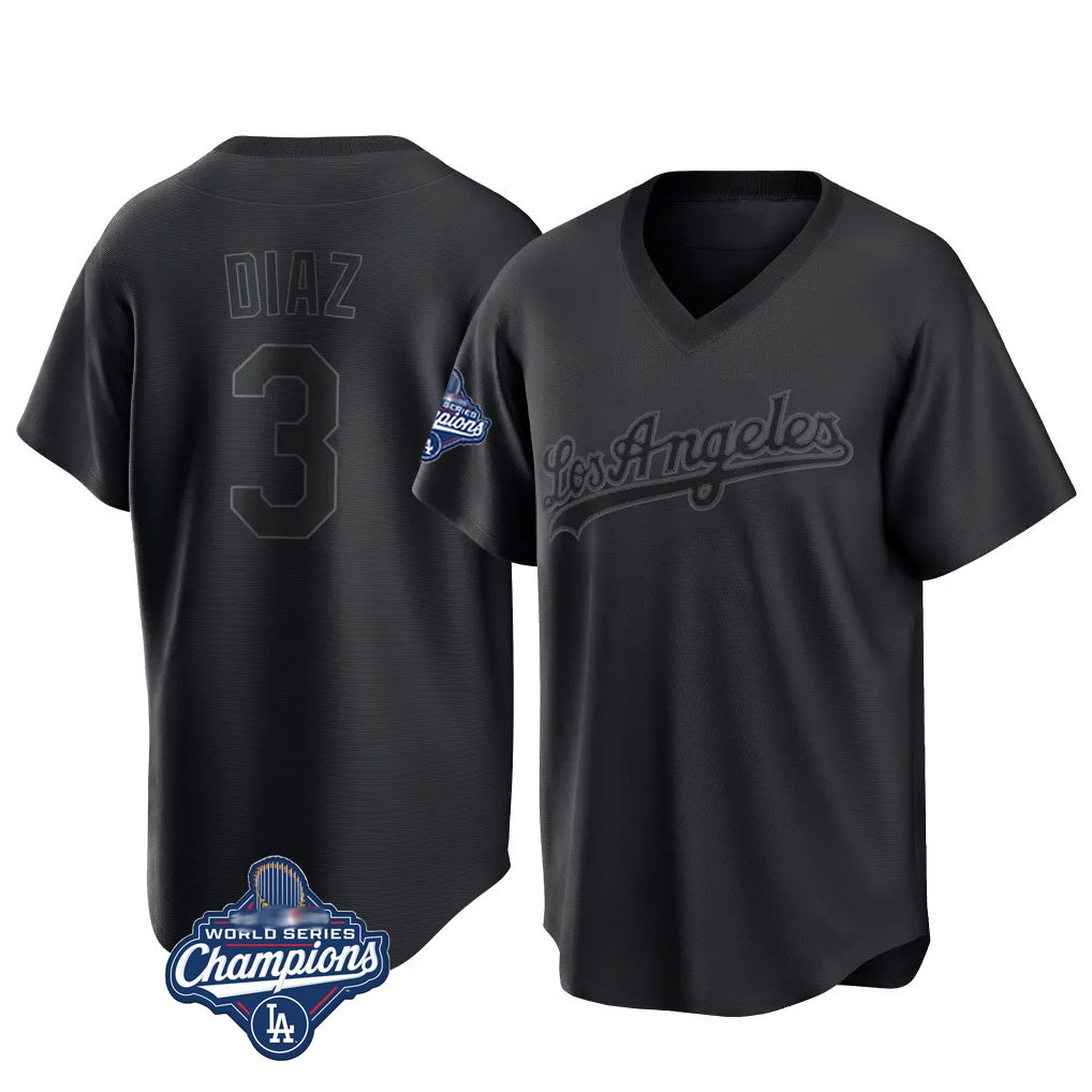 Los Angeles Dodgers #3 Edwin D¨ªaz Player Black HOLBERT World Series Meet Pitch Fashion T-shirt Stitched Jerseys