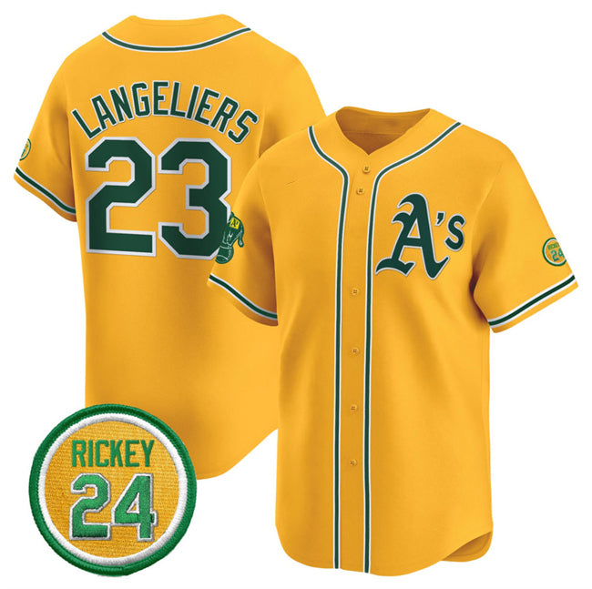 Oakland Athletics #23 Shea Langeliers Yellow HOLBERT 2024 Limited With Rickey Henderson Patch Stitched Jersey