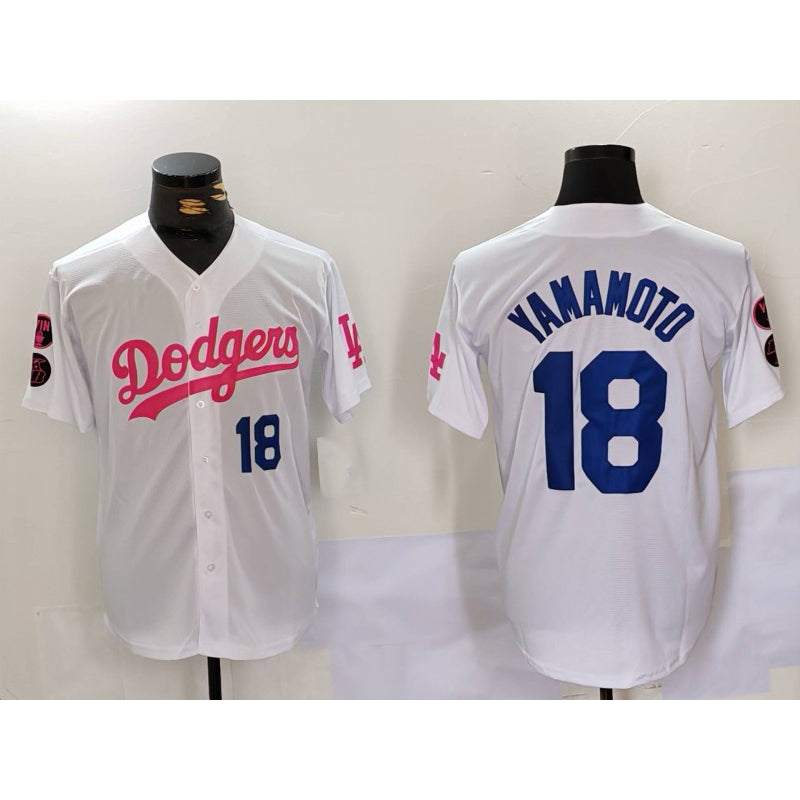 Los Angeles Dodgers #18 Yoshinobu Yamamoto White Pink HOLBERT Vin & Kobe Patch Stitched Jersey 2