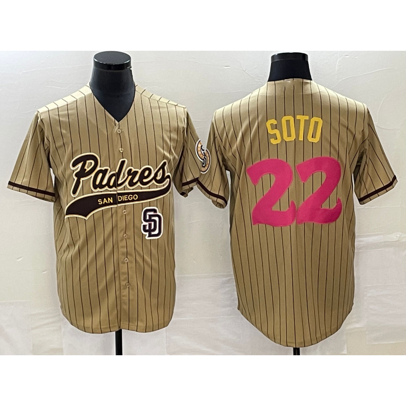San Diego Padres #22 Juan Soto Tan HOLBERT Pinstripe 2023 City Connect Cool Base Stitched Jersey 2