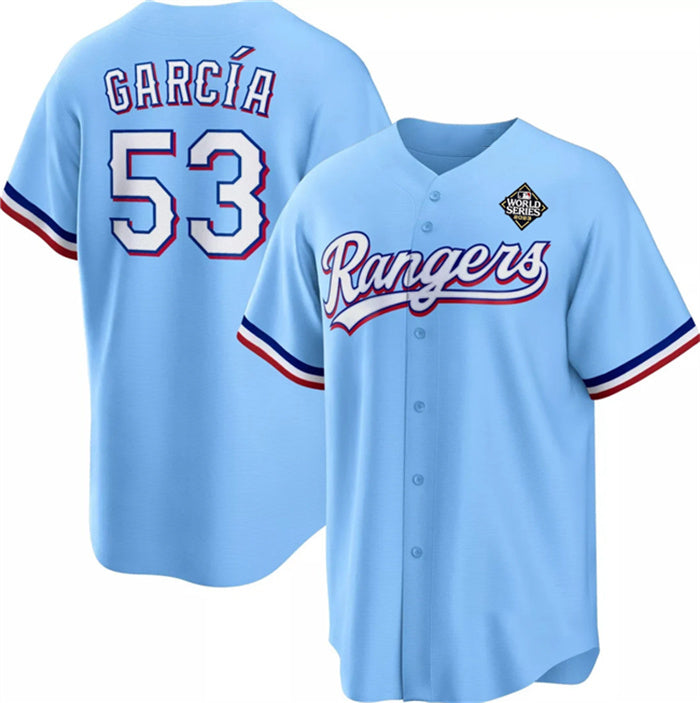 Texas Rangers #53 Adolis Garc¨ªa Blue HOLBERT 2023 World Series Cool Base Stitched Jersey