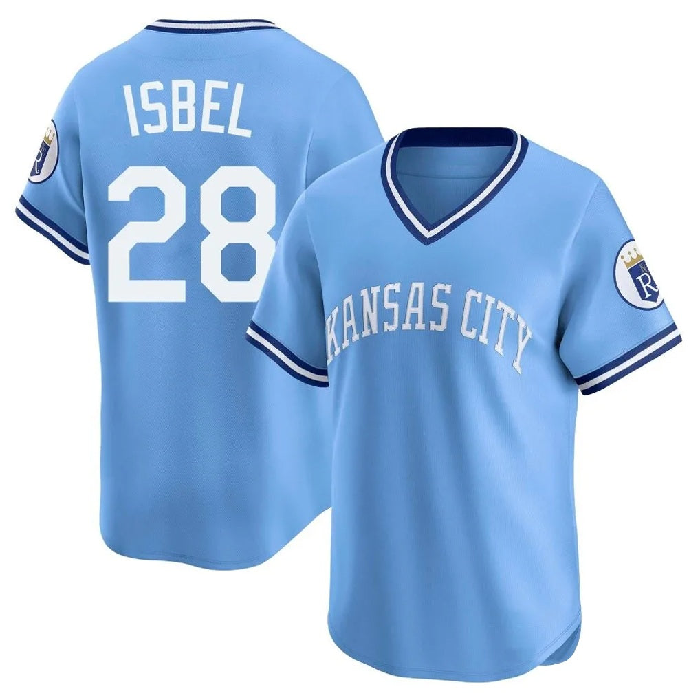 Kansas City Royals #28 Kyle Isbel Player Light Blue HOLBERT Limited Throwback Cooperstown Collection T-shirt Stitched Jerseys