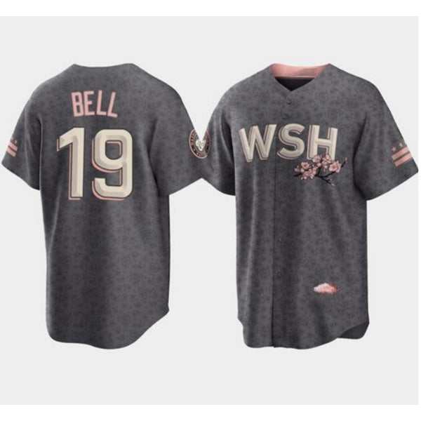 Washington Nationals #19 Josh Bell 2022 Grey HOLBERT City Connect Cherry Blossom Cool Base Stitched Jersey