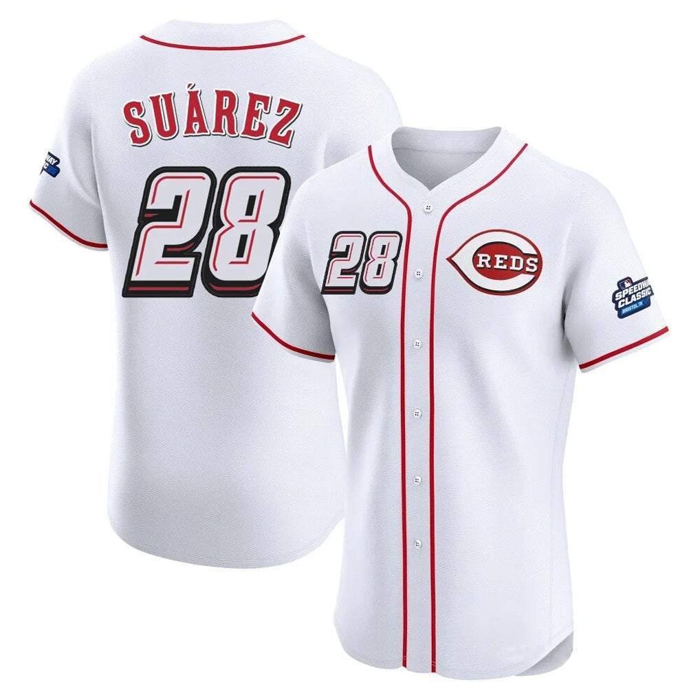 Cincinnati Reds #28 Eugenio Su¨¢rez Player White HOLBERT Speedway Classic Limited Elite Home Stitched Jerseys