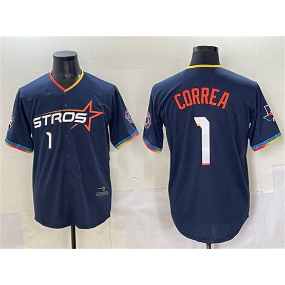 Houston Astros #1 Carlos Correa Navy HOLBERT 2025 City Connect With Texas Patch Limited Stitched Jersey