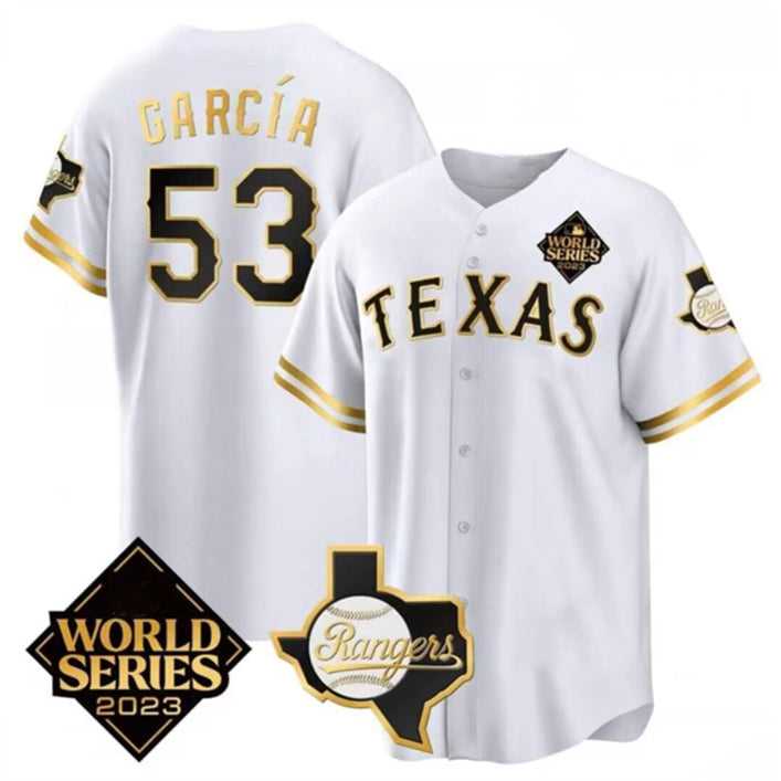 Texas Rangers & Cowboys #53 Adolis Garc¨ªa White HOLBERT 2023 World Series Splite Stitched Jersey