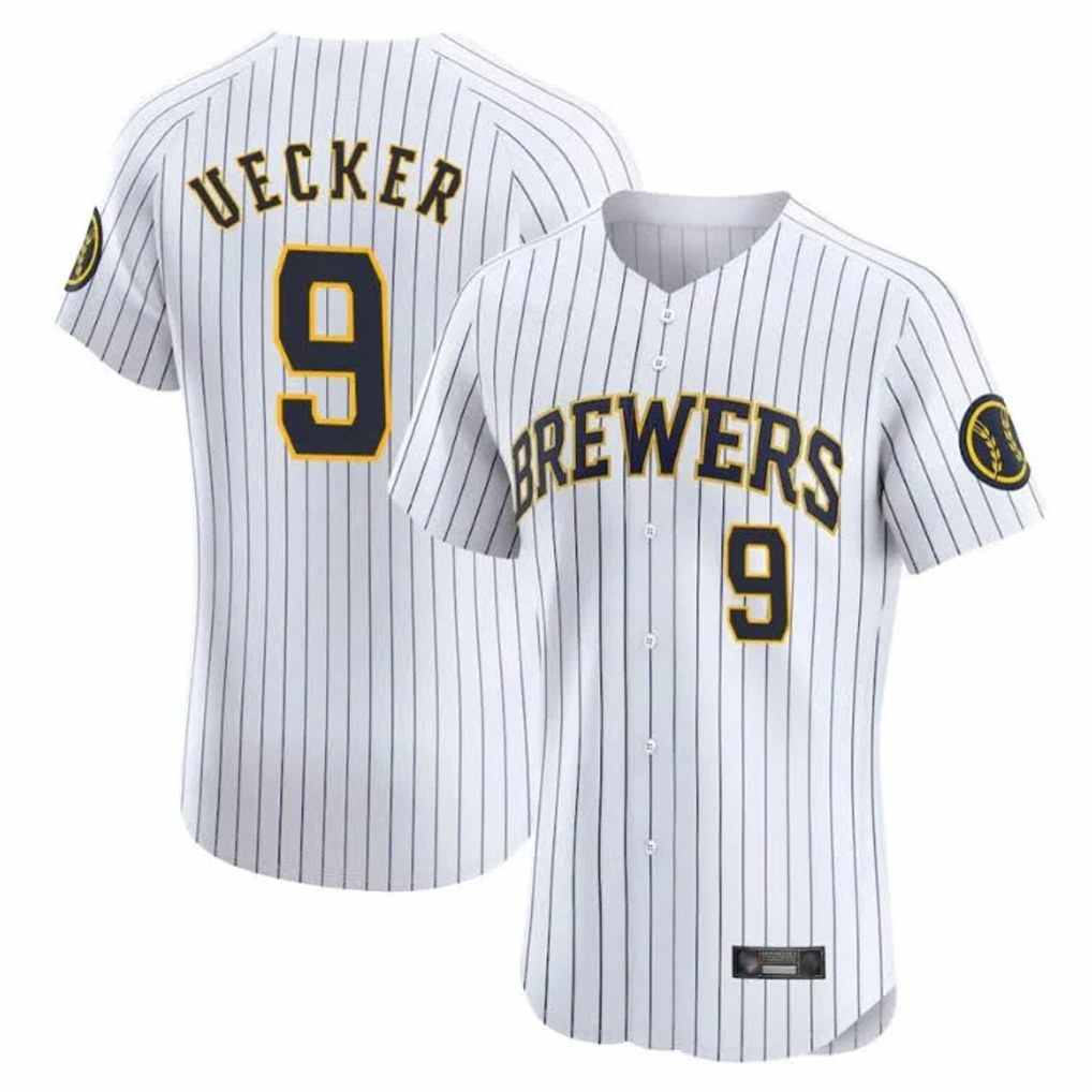Milwaukee Brewers #9 Bob Uecker Player White HOLBERT Stripes Home Limited Elite Stitched Jerseys