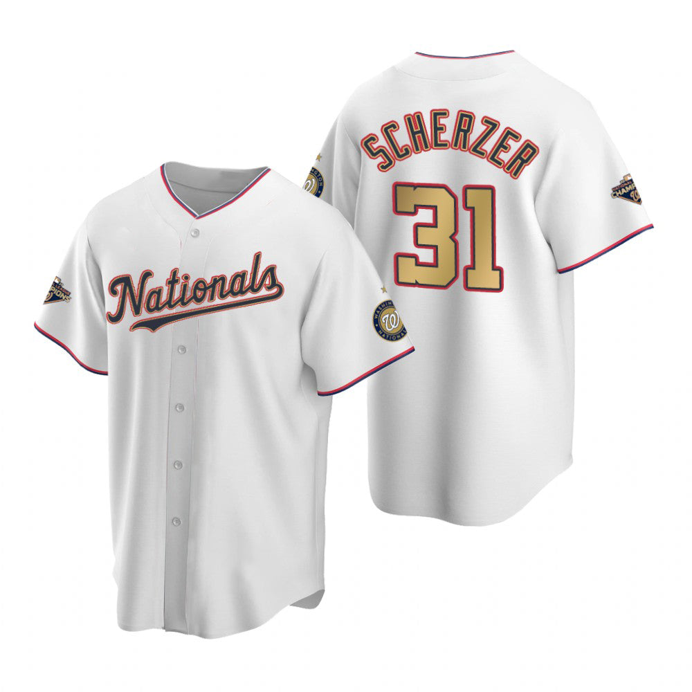 Washington Nationals #31 Max Scherzer White Gold HOLBERT 2019 World Series Champions Stitched Cool Base Jersey