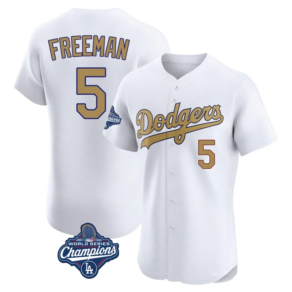 Los Angeles Dodgers #5 Freddie Freeman Player White HOLBERT Gold World Series Meet Limited Elite Home Stitched Jerseys