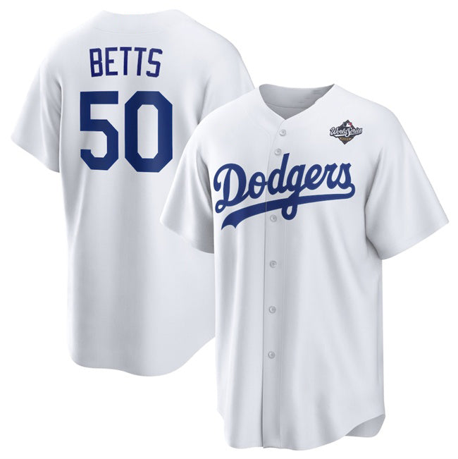 Los Angeles Dodgers #50 Mookie Betts White HOLBERT 2025 World Series Home Cool Base Stitched Jersey