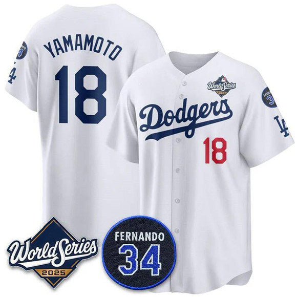 Los Angeles Dodgers #18 Yoshinobu Yamamoto White HOLBERT 2025 World Series With No. 34 Patch Limited Stitched Jersey