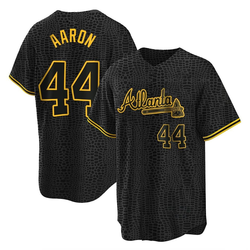 Atlanta Braves #44 Hank Aaron Player Black HOLBERT Snake Skin City Home Game Stitched Jerseys