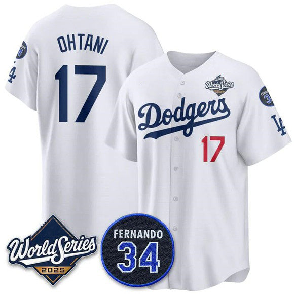 Los Angeles Dodgers #17 Shohei Ohtani White HOLBERT 2025 World Series With No. 34 Patch Limited Stitched Jersey