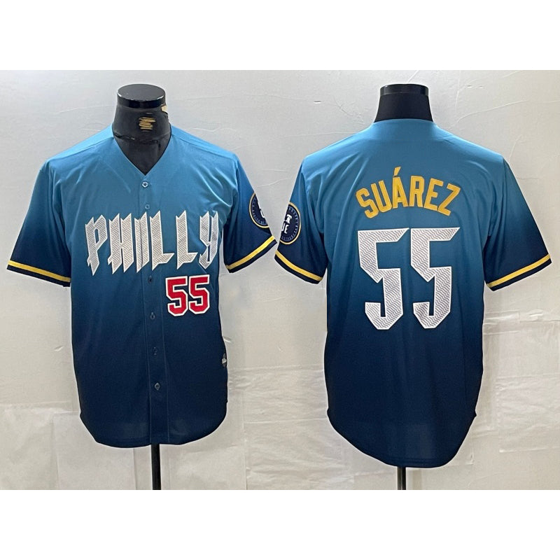 Philadelphia Phillies #55 Ranger Suarez Blue HOLBERT 2024 City Player Number Cool Base Jerseys