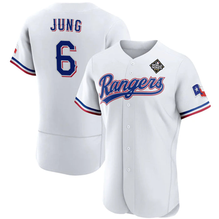 Texas Rangers #6 Josh Jung White HOLBERT 2023 World Series Flex Base Stitched Jersey