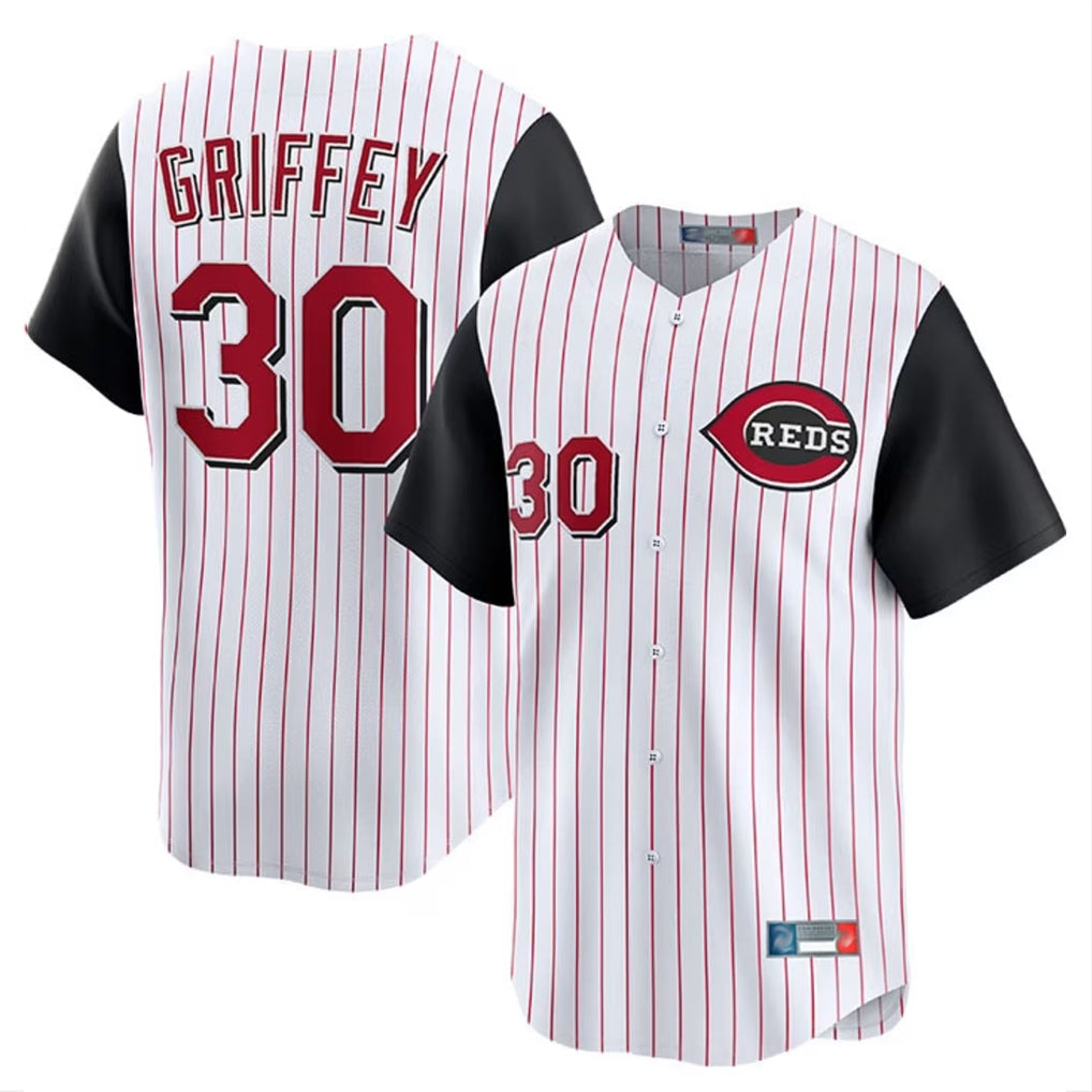 Cincinnati Reds #30 Ken Griffey Player White Black HOLBERT Stripe Field of Dreams Game Home Stitched Jerseys