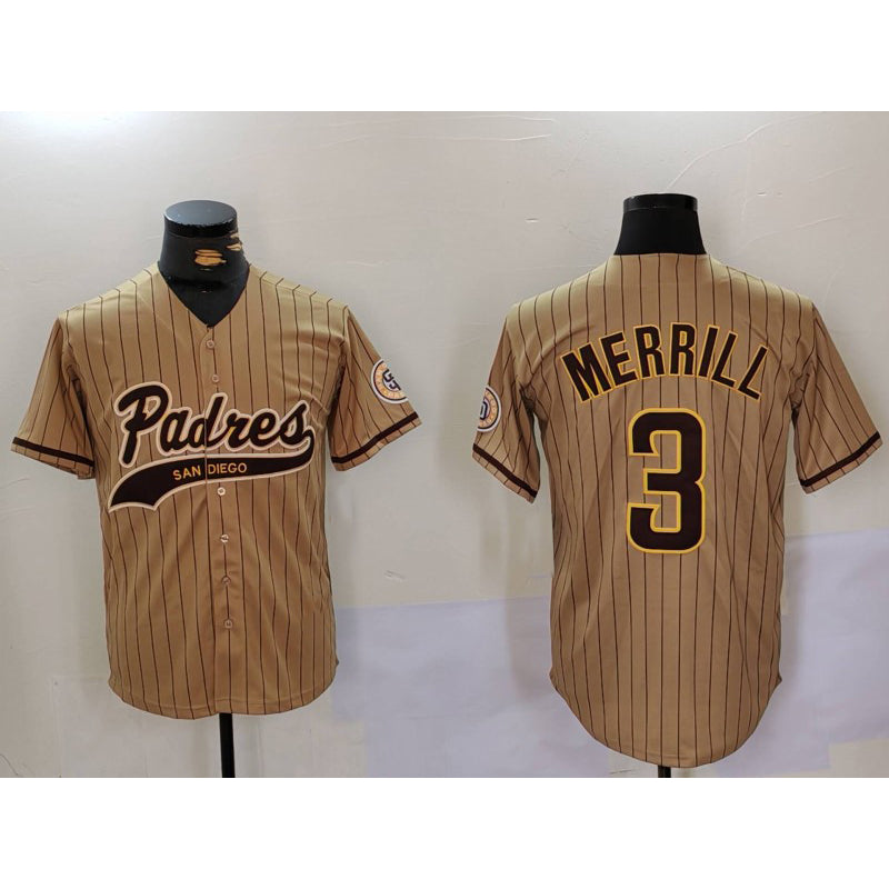 San Diego Padres #3 Jackson Merrill Tan HOLBERT 2023 Cool Base Stitched Jersey 2