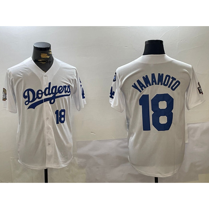Los Angeles Dodgers #18 Yoshinobu Yamamoto White HOLBERT 2024 World Series With Fernando Memorial Patch Home Limited Stitched Jersey 2