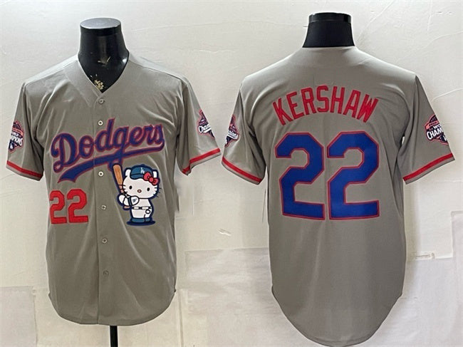 Los Angeles Dodgers #22 Clayton Kershaw Grey HOLBERT Hello Kitty Night 2025 World Series Champions Patch Stitched Jersey