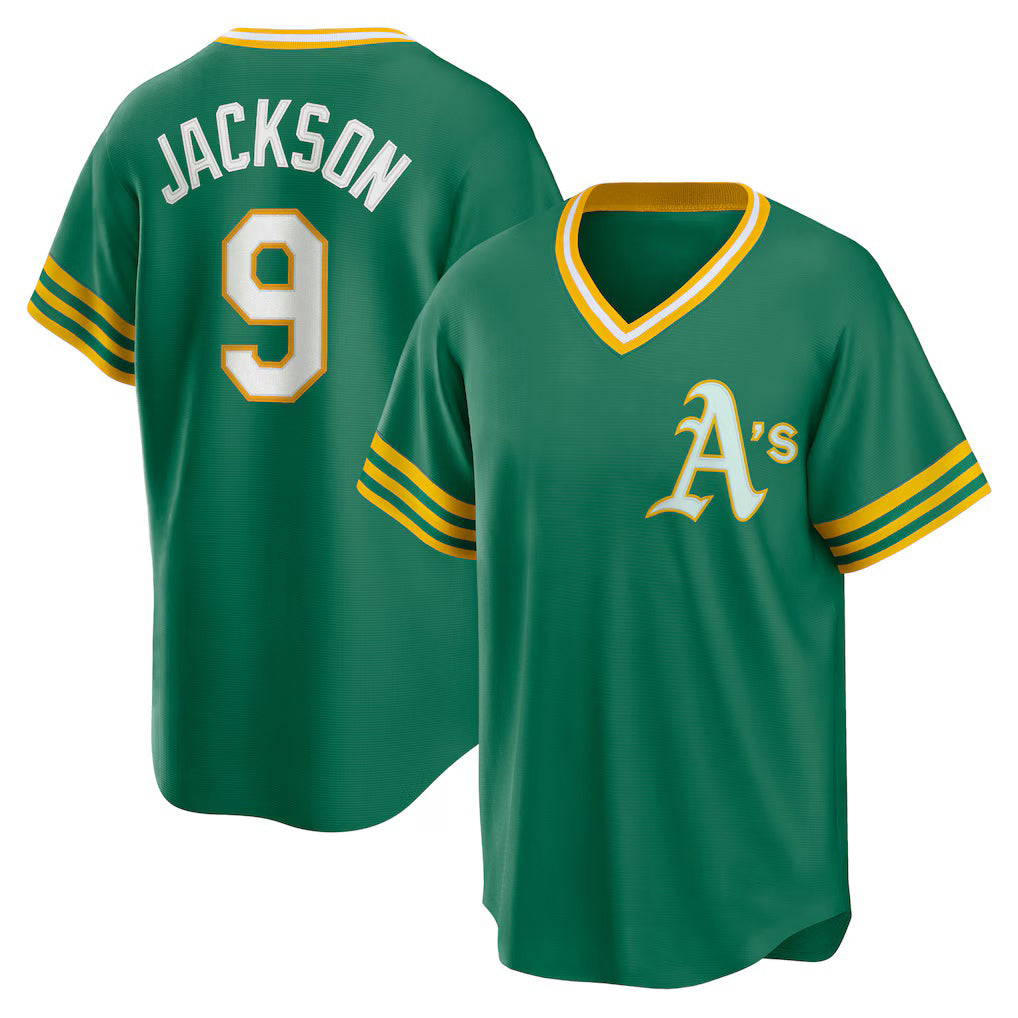 Oakland Athletics #9 Reggie Jackson Kelly Green HOLBERT Road Cooperstown Collection Player Jersey