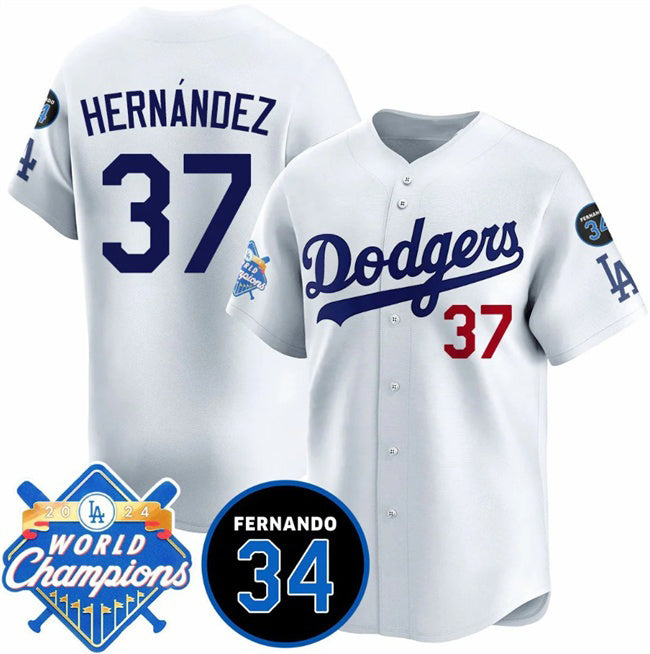 Los Angeles Dodgers #37 Teoscar Hernandez White HOLBERT 2024 World Champions & Fernando Memorial Patch Vapor Premier Home Limited Stitched Jersey