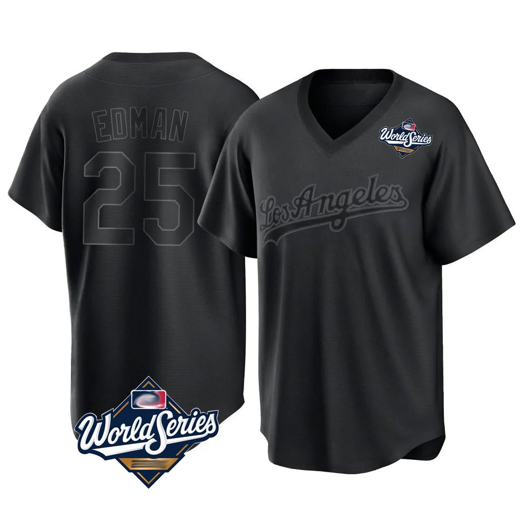 Los Angeles Dodgers #25 Tommy Edman Player Black HOLBERT World Series Pitch Fashion T-shirt Stitched Jerseys