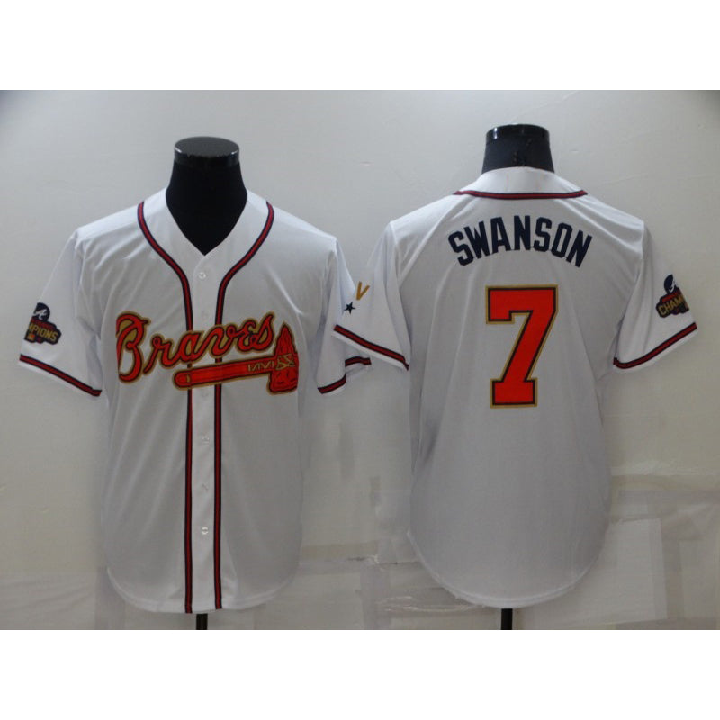 Atlanta Braves#7 Dansby Swanson 2022 White HOLBERT Gold World Series Champions Program Cool Base Stitched Jersey