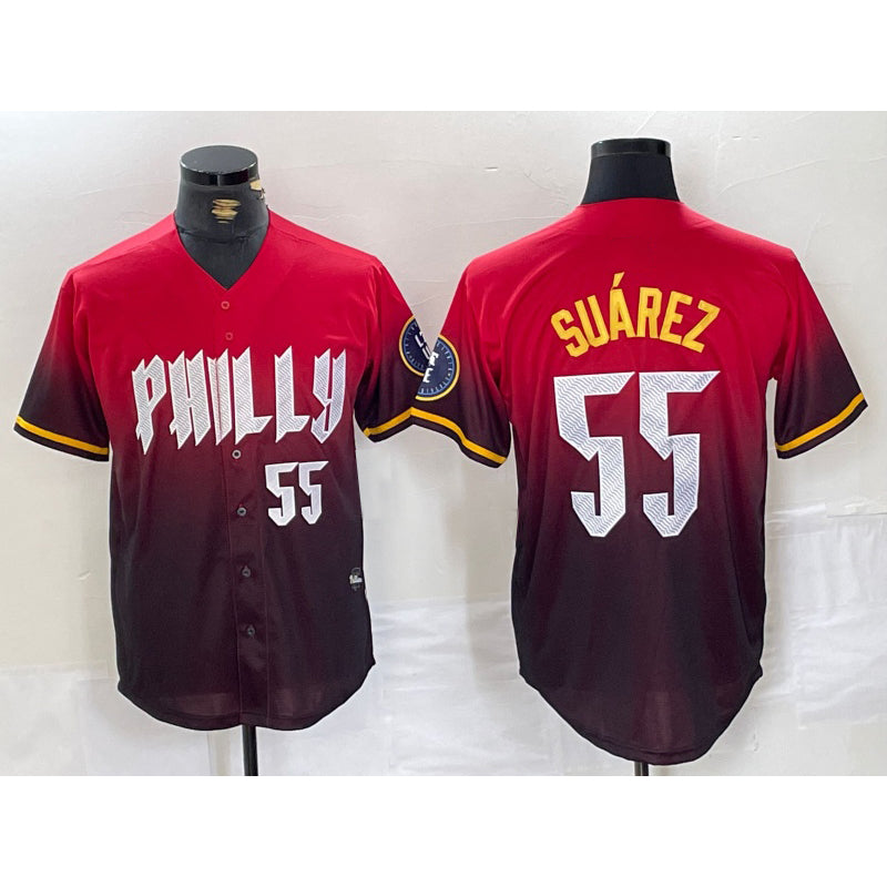 Philadelphia Phillies #55 Ranger Suarez Red HOLBERT 2024 City Player Number Cool Base Jersey 3