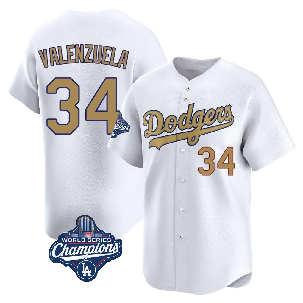 Los Angeles Dodgers #34 Fernando Valenzuela Player White Gold HOLBERT World Series Meet Collection Limited Home Stitched Jerseys