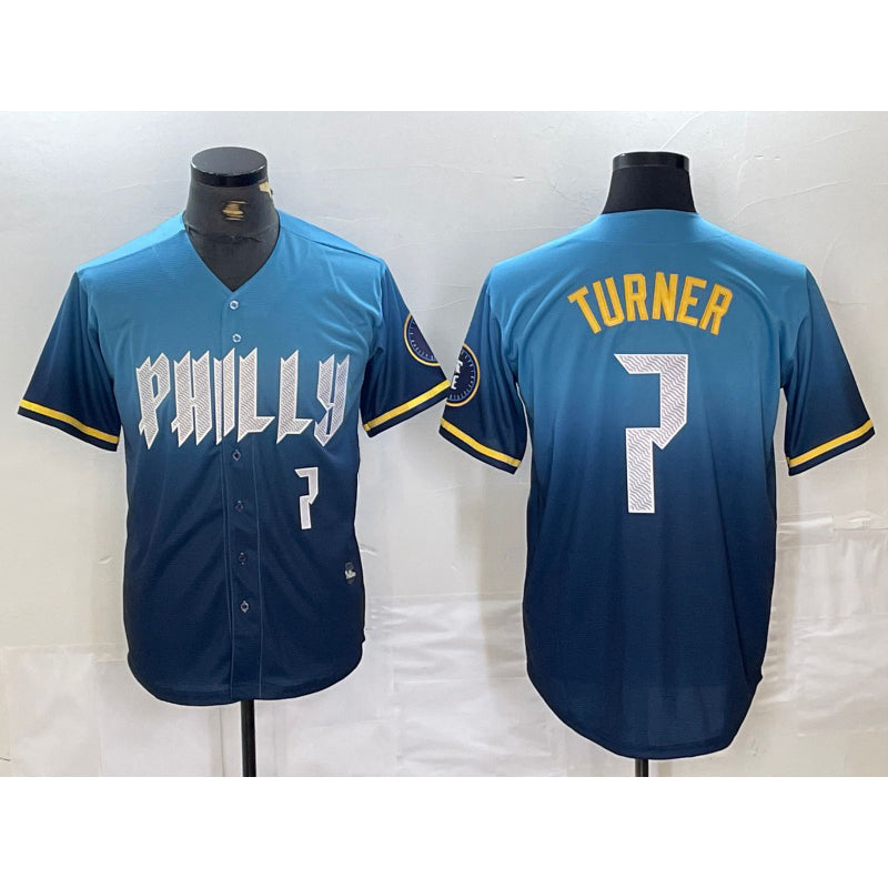 Philadelphia Phillies #7 Trea Turner Number Blue HOLBERT 2024 City Connect Limited Stitched Jersey 2