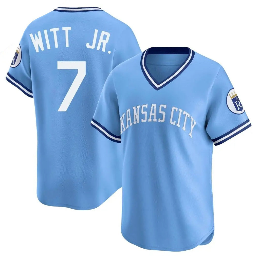 Kansas City Royals #7 Bobby Witt Jr. Player Light Blue HOLBERT Limited Throwback Cooperstown Collection T-shirt Stitched Jerseys