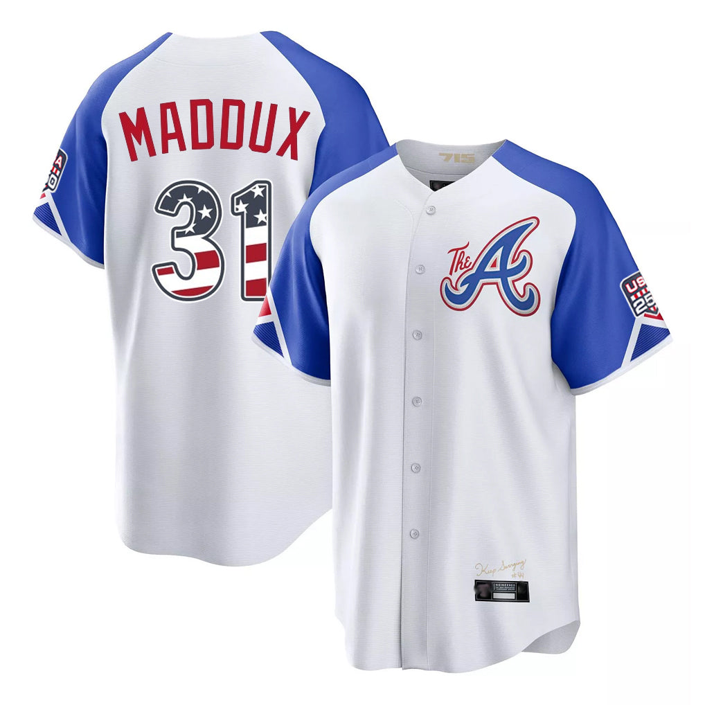 Atlanta Braves #31 Greg Maddux Player White HOLBERT USA 250 Fourth Of July City Connect Home Game Stitched Jerseys