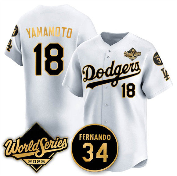 Los Angeles Dodgers #18 Yoshinobu Yamamoto White Gold HOLBERT 2025 World Series With No.34 Patch Limited Stitched Jersey