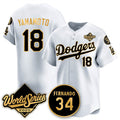 Los Angeles Dodgers #18 Yoshinobu Yamamoto White Gold HOLBERT 2025 World Series With No.34 Patch Limited Stitched Jersey