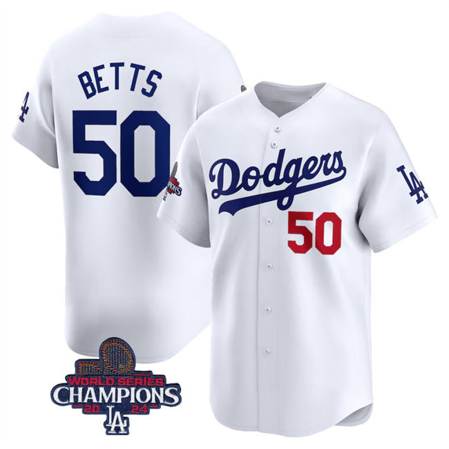 Los Angeles Dodgers #50 Mookie Betts White HOLBERT 2024 World Series Champions Home Limited Stitched Jersey