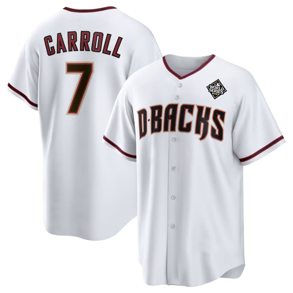 Arizona Diamondbacks #7 Corbin Carroll White HOLBERT 2023 World Series Cool Base Stitched Jersey 2