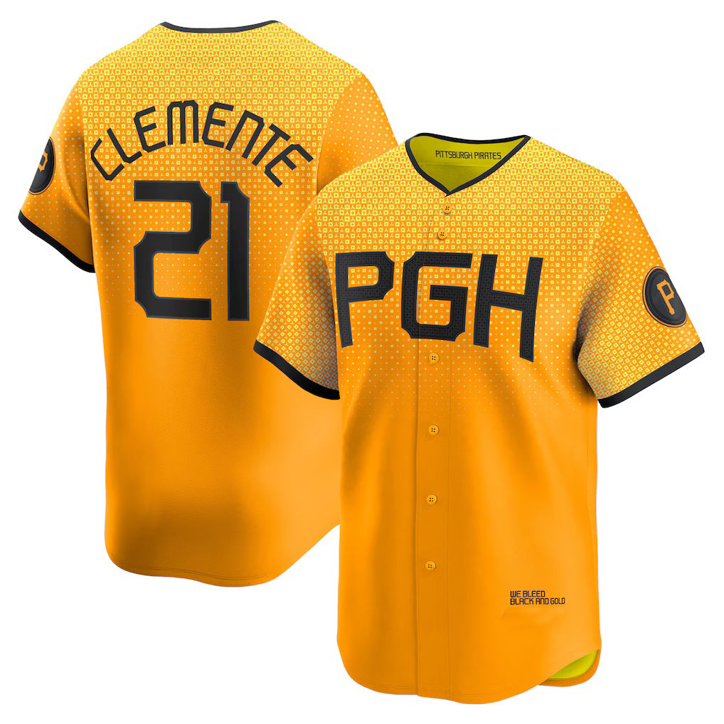 Pittsburgh Pirates #21 Roberto Clemente Gold HOLBERT City Connect Limited Player Jersey
